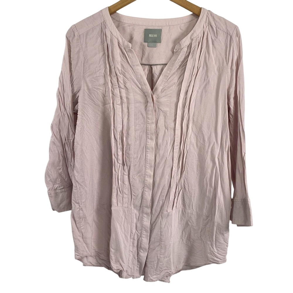 Maeve Blouse Womens 12 Pink Pleated Front Tunic Long Sleeve Rayon Anthropologie